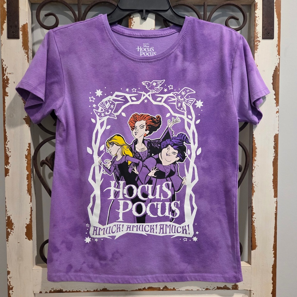 Disney Hocus Pocus Girls T-Shirt Purple Tie Dye Sanderson Sisters Amuck L 10-12